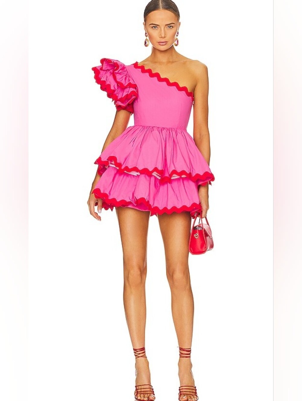 entro Hot Pink One-Shoulder Ruffle Mini Dress with Red Trim